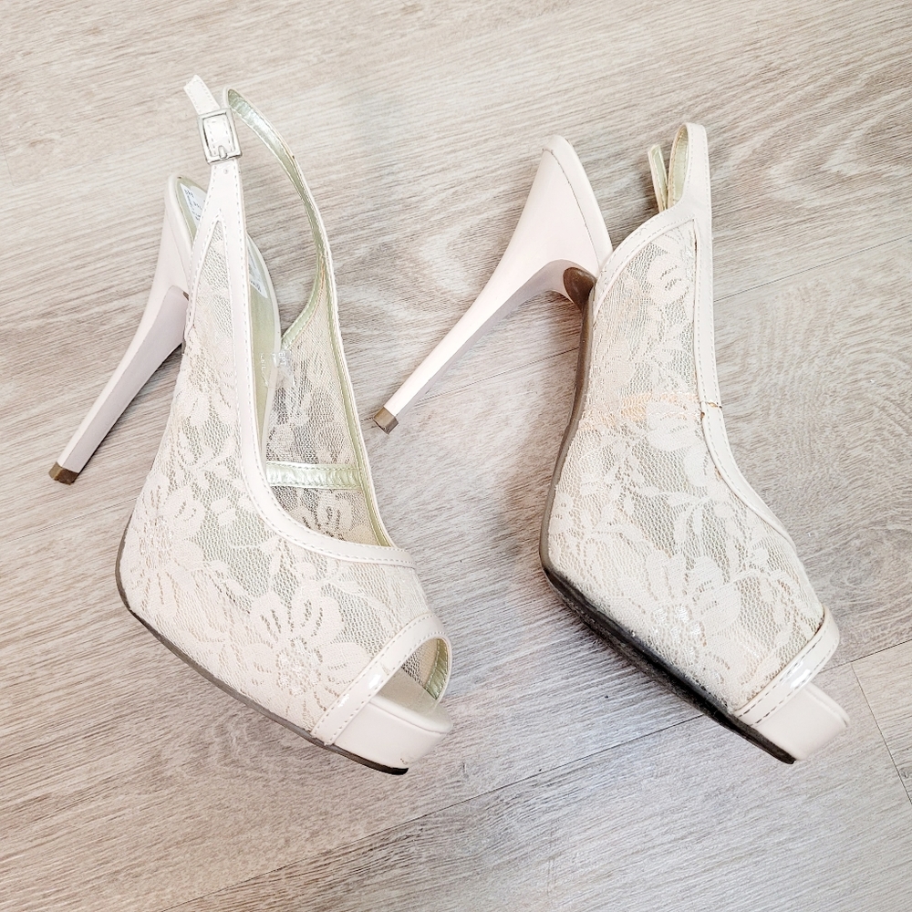 Guess | Cream Lace Slingback Peep Toe Heels